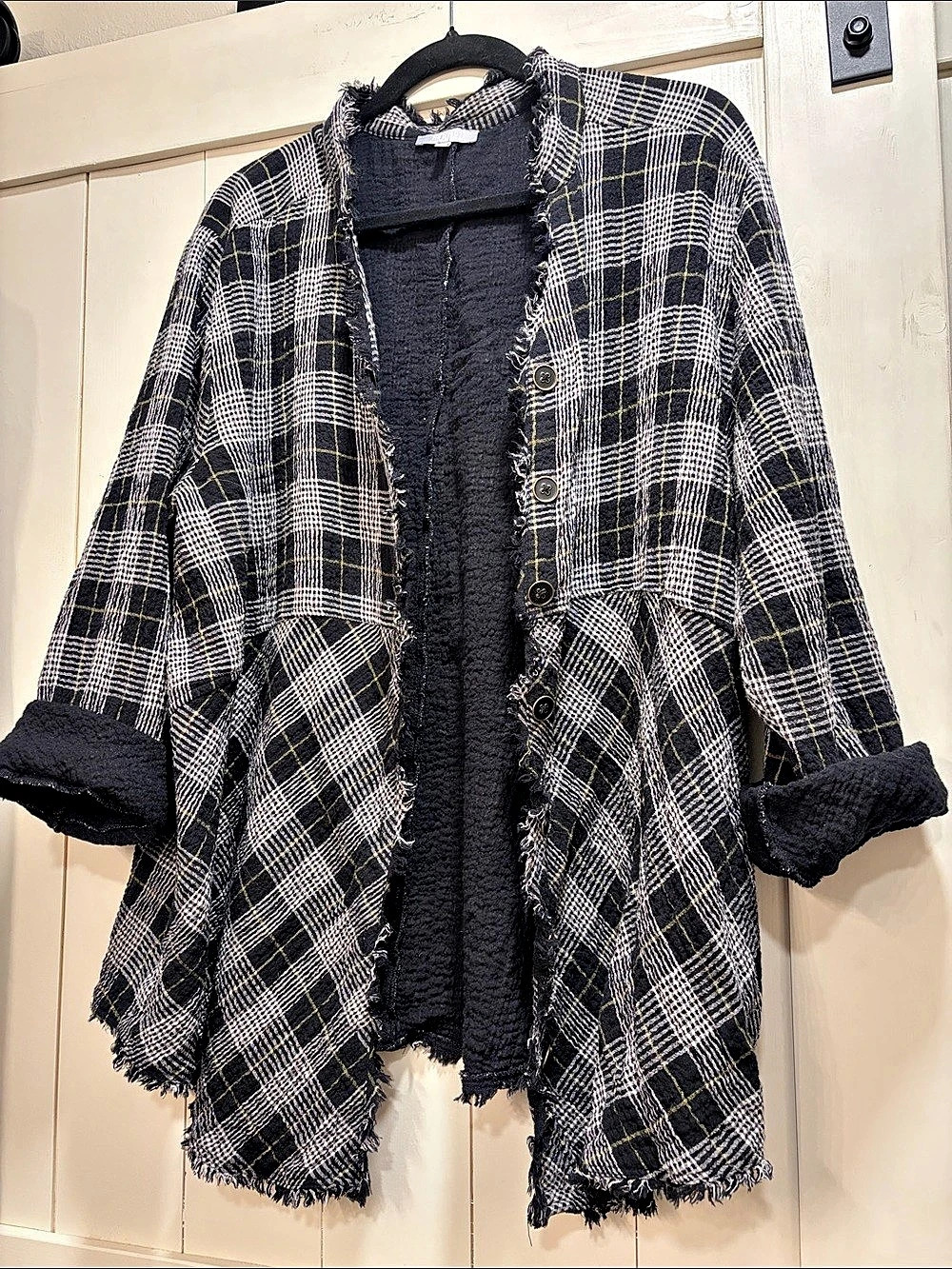 Habitat Pattern Play Tunic Button Down Black Gray Plaid Gauzy Long Sleeve xl